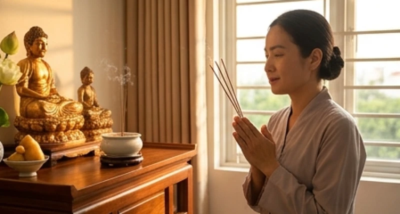 Gia chủ thành tâm chắp tay đọc bài văn khấn bao sái bàn thờ Phật trước khi tiến hành lau dọn tôn tượng