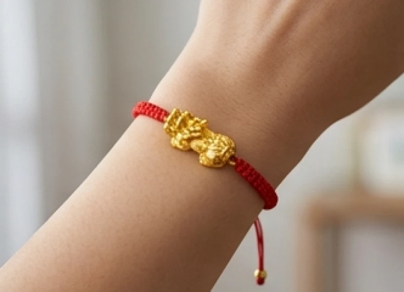 Vòng tay chỉ đỏ mix charm tỳ hưu đúc bằng vàng 24k nguyên chất sáng bóng