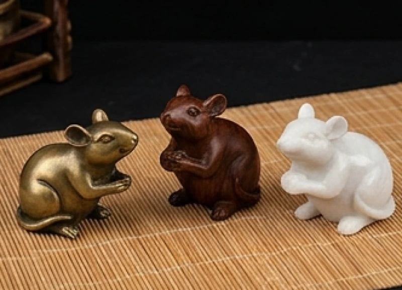 Các mẫu tượng chuột bằng kim loại, gỗ và đá tự nhiên đại diện cho quy luật tương sinh ngũ hành