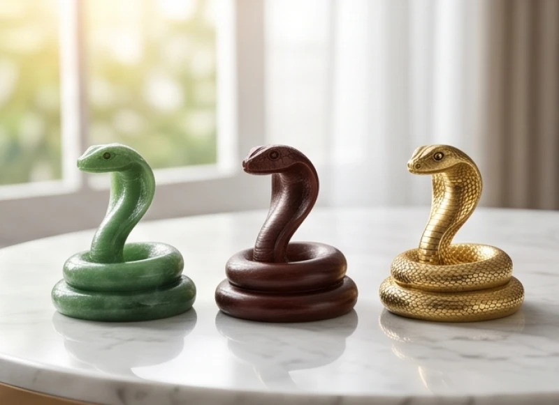 Bộ sưu tập các mẫu tượng rắn được chế tác từ đá tự nhiên, đồng thau và gỗ đỏ nguyên khối