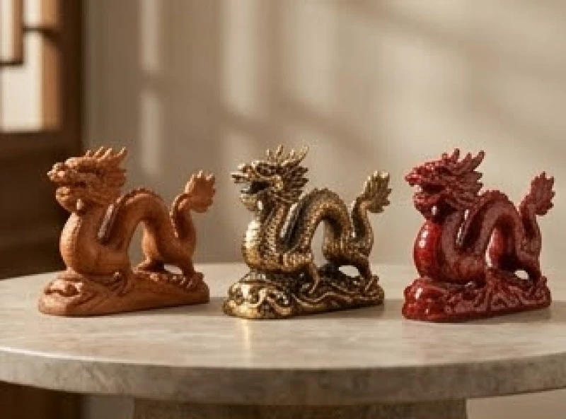 Ba bức tượng rồng phong thủy làm từ gỗ ngọc am đồng nguyên chất và gốm sứ được sắp xếp cạnh nhau để đối chiếu