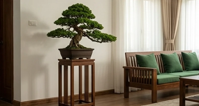 Quý Mùi 1943 mệnh gì: Con số may mắn và vật phẩm hợp mệnh 7 Chậu bonsai tùng la hán dáng uy nghi được đặt trang trọng trên một chiếc đôn gỗ cao