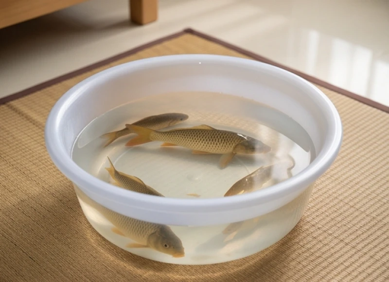 Chậu nước rộng rãi chứa cá chép được đặt ngay ngắn trên thảm sạch dưới sàn nhà trong lúc thực hiện lễ cúng