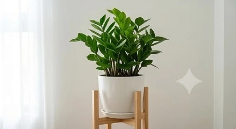 Một chậu cây kim tiền mới xanh tươi mơn mởn được đặt vào vị trí sạch sẽ trên giá đỡ bằng gỗ trong góc phòng