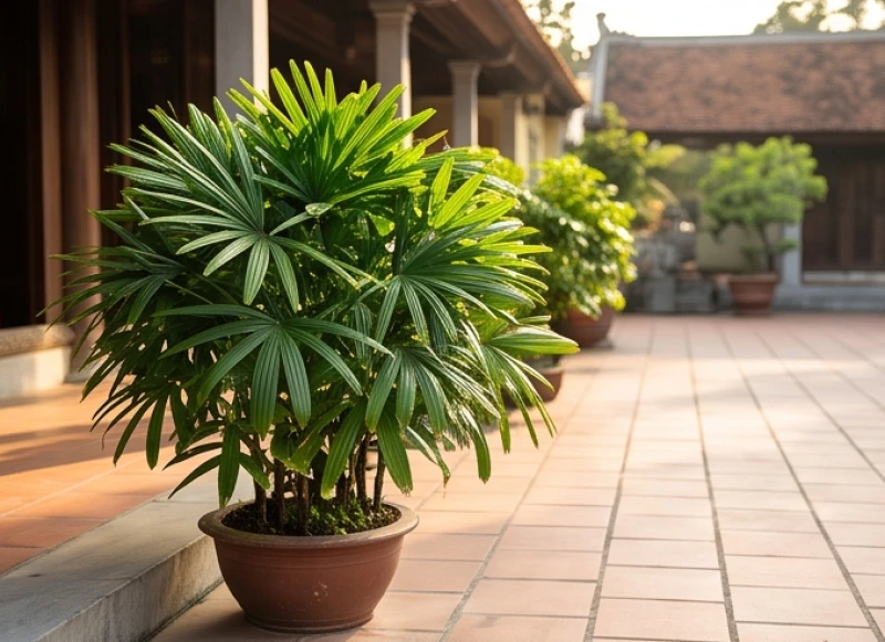 Cây trồng ngoài sân hợp tuổi Tỵ: chịu nắng gió và hướng đặt 4 Chậu cây cọ Nhật với những tàu lá xanh khía sâu xòe tròn được kê gọn gàng dọc lối đi lát gạch