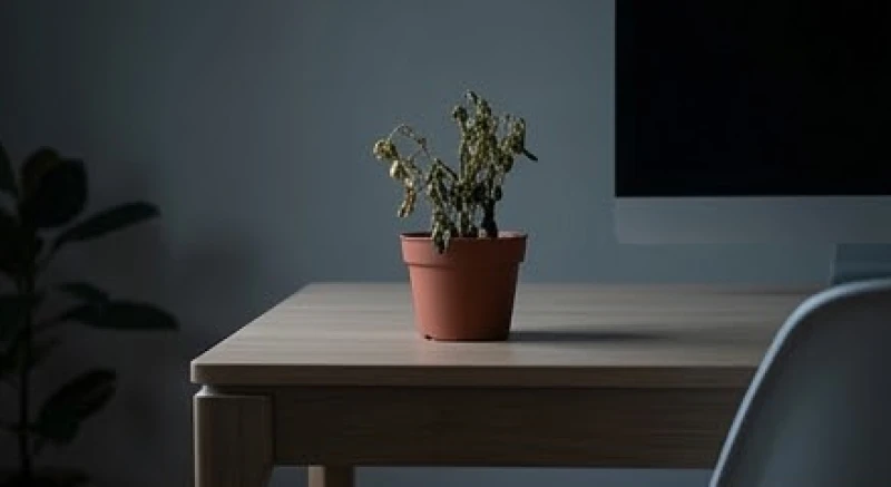Mơ thấy cây cối: Giải mã điềm báo, góc nhìn tâm lý và con số 2 Một chậu cây cảnh nhỏ đã khô héo trên chiếc bàn làm việc thể hiện dấu hiệu của sự kiệt sức