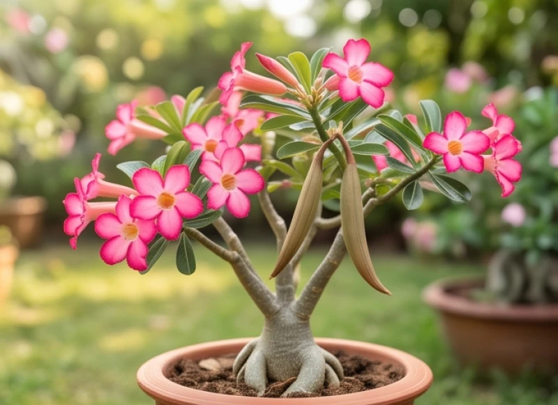 Cây hoa sứ bonsai trồng trong chậu nở hoa rực rỡ và kết cặp trái hình sừng trâu độc đáo