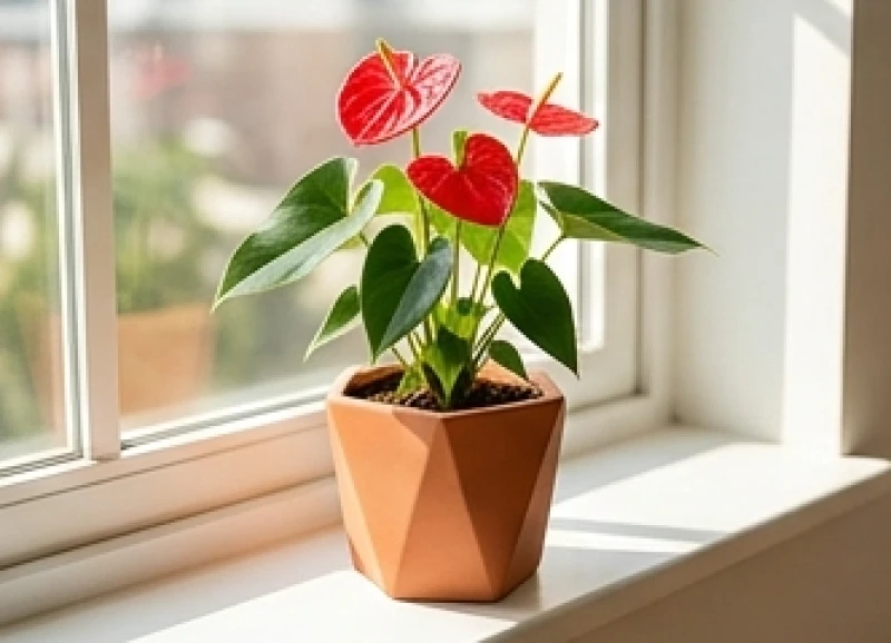 Tuổi Mão hợp cây gì: Chọn đúng mệnh, chuẩn hướng và ngân sách 5 Chậu cây hồng môn có hoa màu đỏ rực rỡ trồng trong chậu góc cạnh đón nắng sớm ban mai