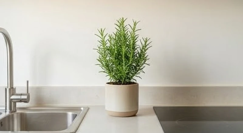 Chậu cây hương thảo nhỏ xanh tươi được đặt ngay giữa bồn rửa inox và khu vực bếp đun nhiệt độ cao