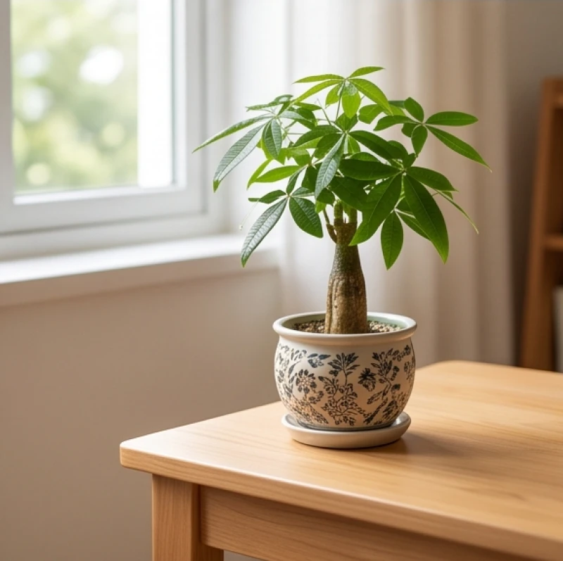 Một chậu cây kim ngân nhỏ nhắn được chăm sóc tươi tốt đặt ngay ngắn trên mặt bàn học của bé