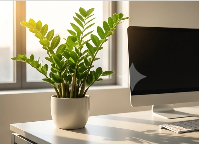 Hướng bàn làm việc hợp tuổi Mão: Bảng Nam Nữ & Cách đo la bàn 11 Chậu cây Kim Tiền xanh tốt với những chiếc lá bóng bẩy được đặt ở góc trái màn hình máy tính mang lại sức sống tươi mới