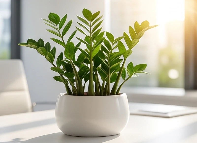 Chậu cây Kim Tiền xanh mướt được trồng trong chậu sứ trắng trên bàn