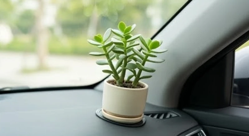 Chậu cây ngọc bích mini được dán cố định an toàn trên góc taplo ô tô hướng ra kính chắn gió