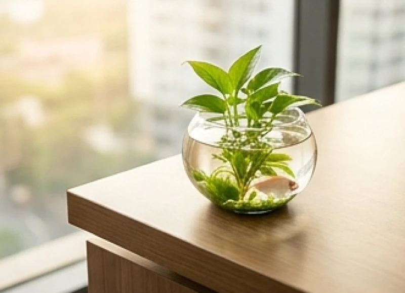 Chậu cây thủy sinh nhỏ xinh xắn đặt ở góc bàn để kích hoạt năng lượng Thủy hóa giải sát khí của hành Hỏa