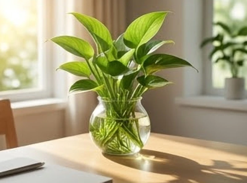 Một chậu cây thủy sinh xanh tốt được đặt khéo léo tại không gian góc làm việc đang ngập tràn ánh sáng mặt trời tự nhiên