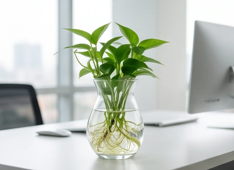 Cây trồng thủy sinh rễ trắng muốt phát triển khỏe mạnh trong bình thủy tinh trong suốt