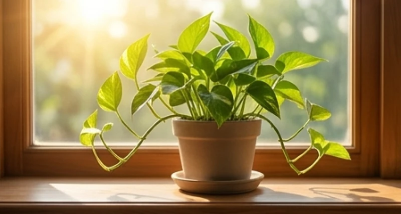 Chậu cây trầu bà xanh mát đặt trên bậu cửa sổ ngập tràn ánh nắng ban mai giúp cân bằng phong thủy