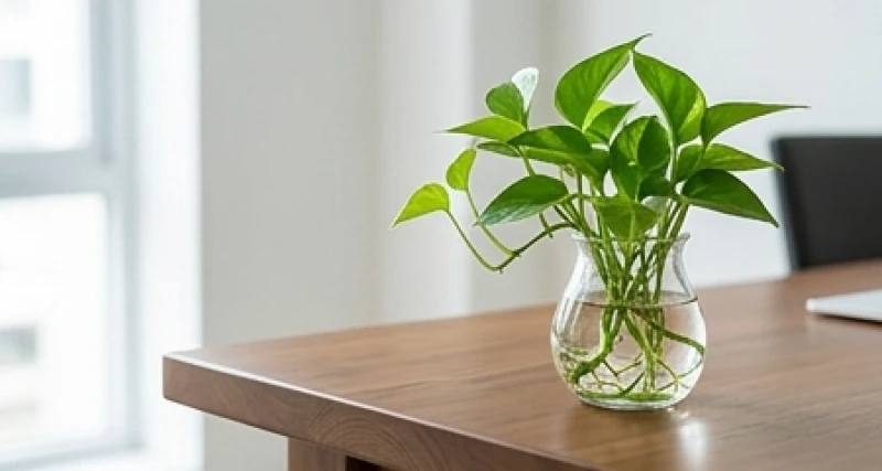 Chậu cây trầu bà thủy sinh nhỏ đặt trên góc bàn làm việc gỗ để hóa giải hướng ngồi kỵ phong thủy