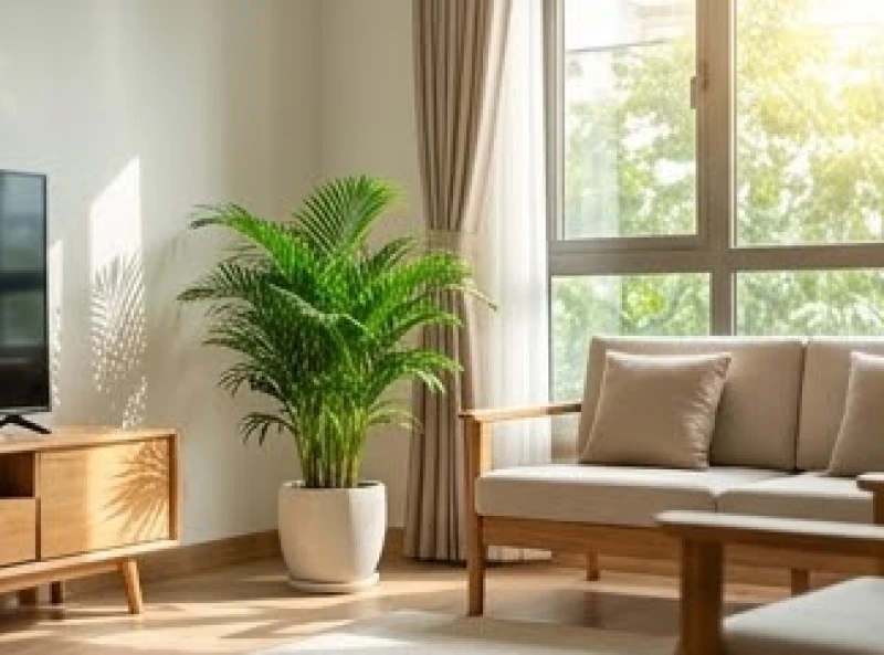 Góc phòng khách được bài trí chậu cây xanh tươi mát mang lại trường năng lượng tích cực cho căn nhà