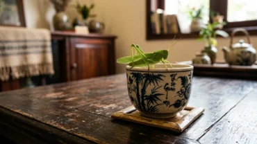 Cận cảnh một con châu chấu xanh đậu trên lá cây cảnh trong phòng khách giúp giải mã châu chấu bay vào nhà là điềm gì