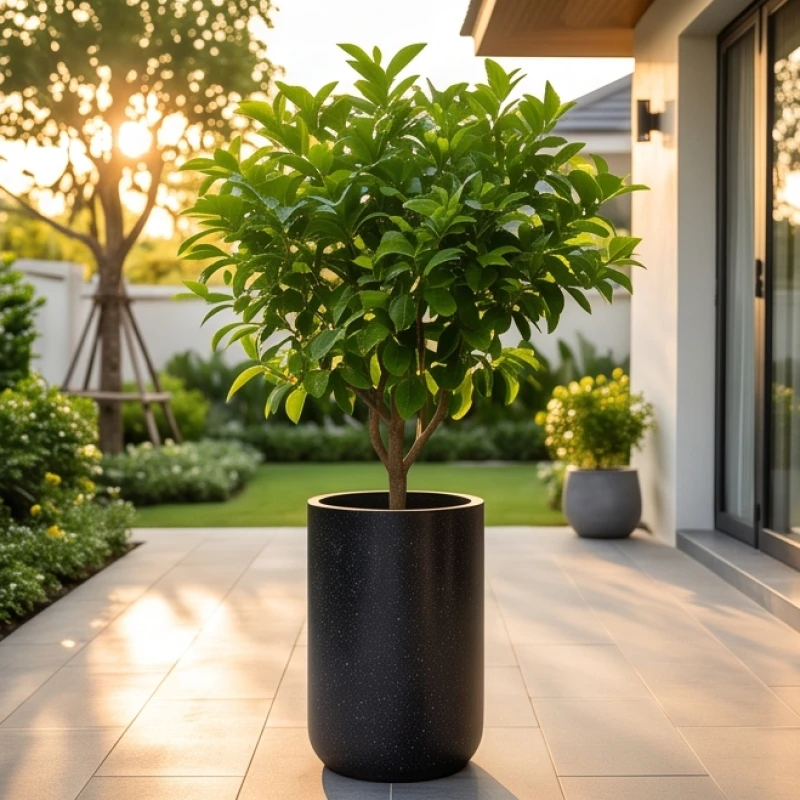Cây trồng ngoài sân hợp tuổi Thân: Độ chịu nắng và vị trí 5 Chậu đá mài màu đen hình trụ trồng cây cảnh xanh tươi đặt ở khoảng sân trước
