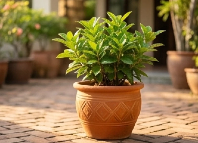 Cây trồng ngoài sân hợp tuổi Ngọ: Chọn cây chịu nắng và vị trí 3 Cây cảnh lá xanh được trồng cẩn thận trong chậu đất nung màu đỏ cam giúp cân bằng năng lượng phong thủy sân vườn