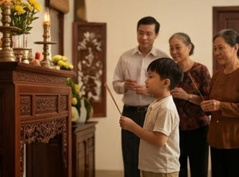 Người cháu trai đích tôn đứng đại diện dâng lễ thay mặt cha đã khuất để cúng giỗ ông bà nội
