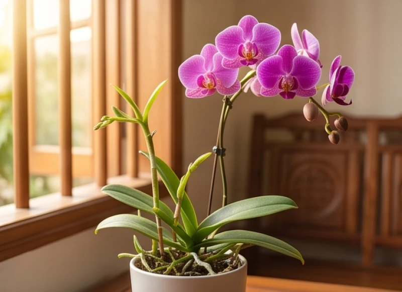 Chậu lan hồ điệp bất ngờ đâm chồi và nở hoa rực rỡ bên khung cửa, tượng trưng cho vượng khí sinh sôi