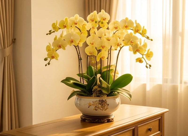 Chậu lan hồ điệp hoa màu vàng rực rỡ xếp lớp đối xứng mang lại tài lộc thịnh vượng khi làm quà tặng