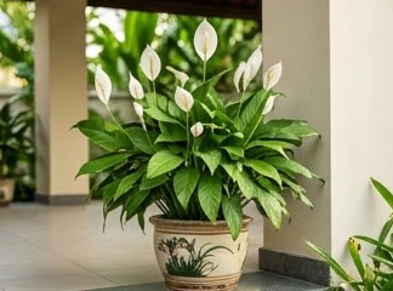 Cây trồng ngoài sân hợp tuổi Dần: phân khu và cây bóng mát 5 Chậu cây Lan Ý lớn đặt dưới bóng râm của mái hiên khoe những bông hoa trắng tinh khôi