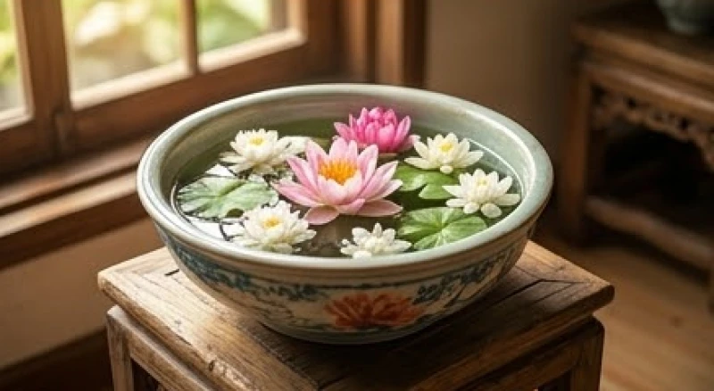 Mơ thấy rùa vàng: Giải mã điềm báo, con số và mẹo đón tài lộc 6 Chậu nước phong thủy bằng gốm sứ đặt trên kệ gỗ cùng vài bông hoa tươi thu hút năng lượng tài lộc