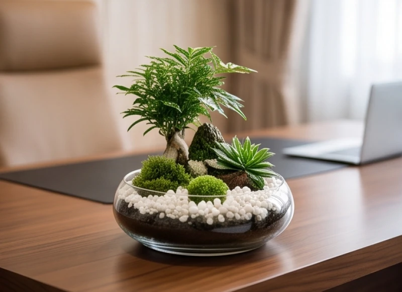 Chậu tiểu cảnh phong thủy cao cấp được rải sỏi trắng tỉ mỉ dùng làm quà tặng cho cấp trên