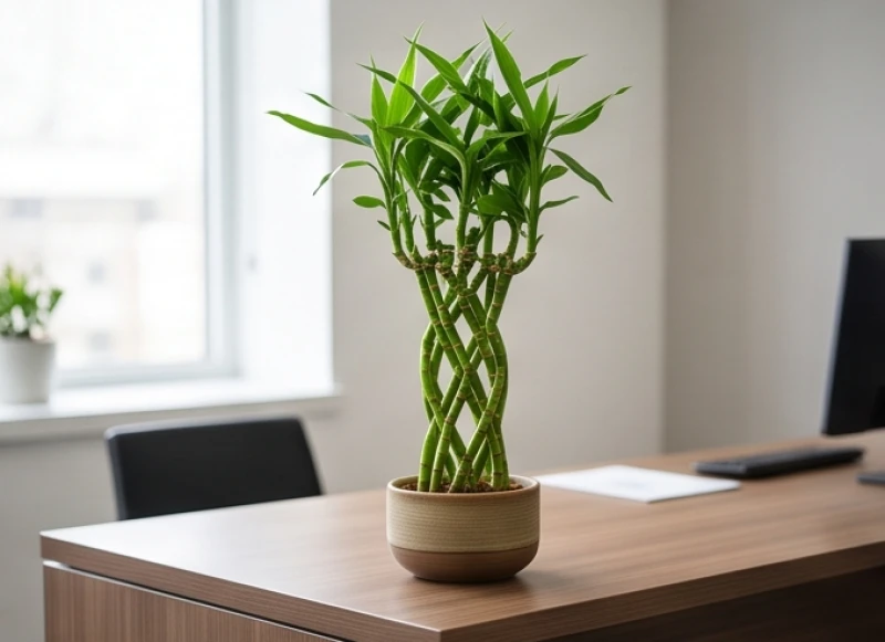 Cây để bàn hợp tuổi Tý: Hướng đặt nam nữ & định lượng nước 5 Chậu Trúc Phú Quý với thân uốn nghệ thuật đặt trên bàn làm việc của người sinh năm Nhâm Tý