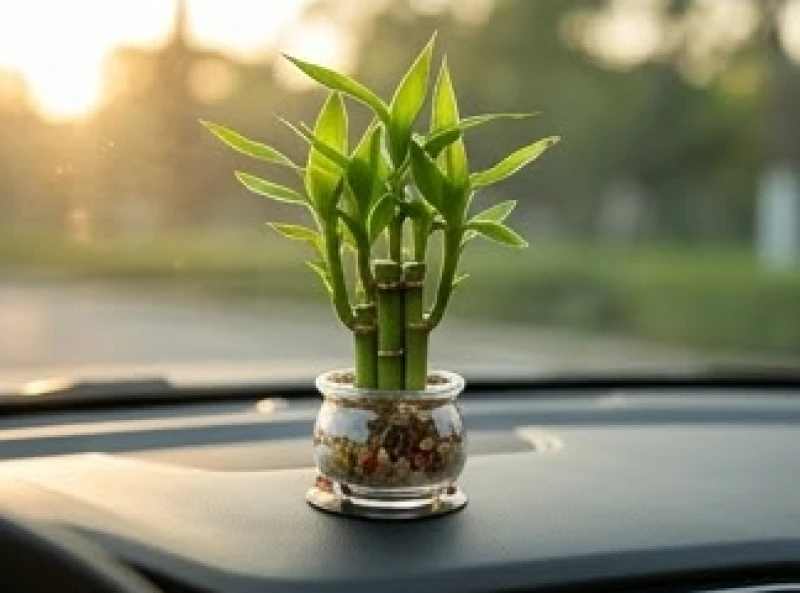Một chậu cây Trúc Phú Quý mini được thiết kế chống tràn nước đặt cố định an toàn trên góc taplo ô tô