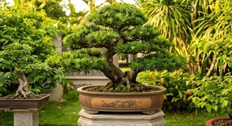 Chậu tùng la hán cỡ lớn với dáng thế uy nghi đặt trên đôn đá trước hiên nhà giúp thu hút vượng khí