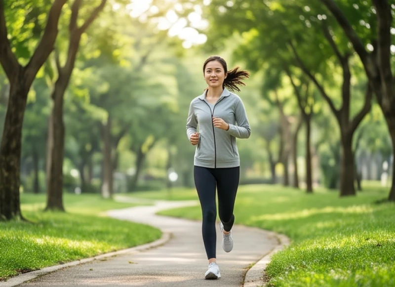 Thanh niên chạy bộ rèn luyện thể lực tại công viên nhiều cây xanh vào sáng sớm