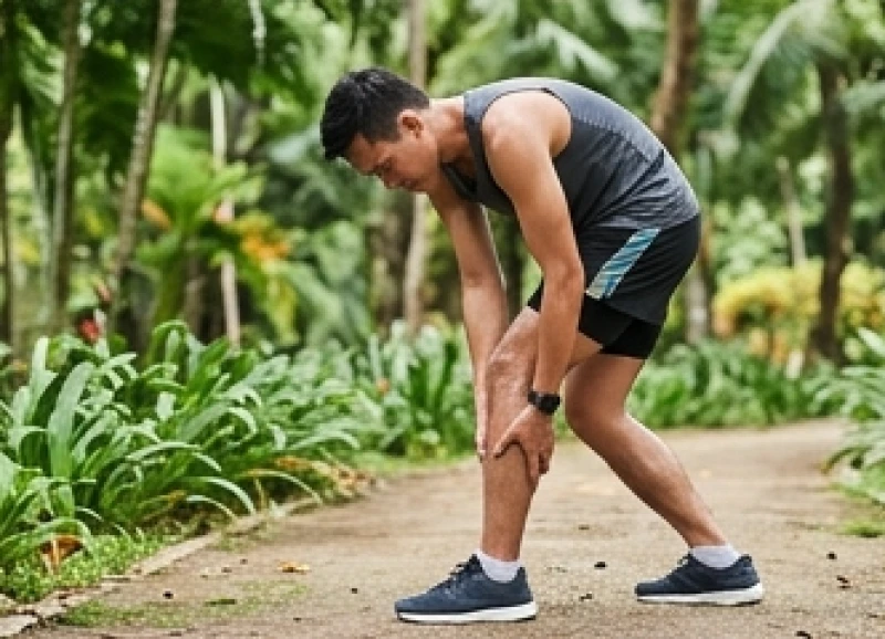 Người chạy bộ nam đang cúi người ôm lấy bắp chân nghỉ ngơi trên đường mòn công viên