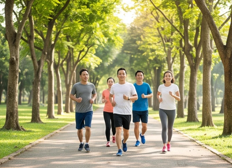 Sức khỏe tuổi Ngọ năm 2027: Tháng kỵ và rủi ro bệnh lý nam nữ 1 Một nhóm người chạy bộ rèn luyện thể lực vào buổi sáng sớm tại khu vực công viên xanh mát