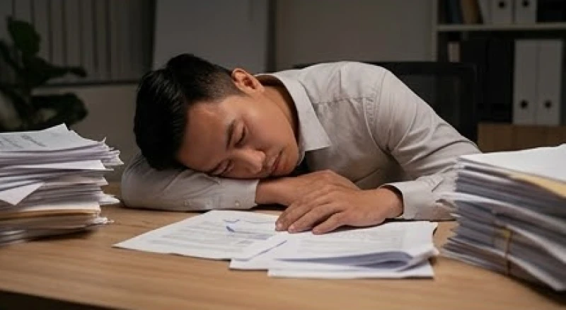 Người đàn ông mệt mỏi gục đầu xuống bàn làm việc do quá kiệt sức và căng thẳng