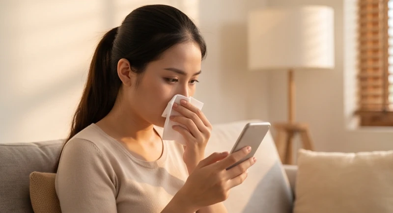 Một cô gái trẻ đang tìm hiểu chảy máu cam là điềm gì sau khi vừa lau sạch vết máu ở mũi