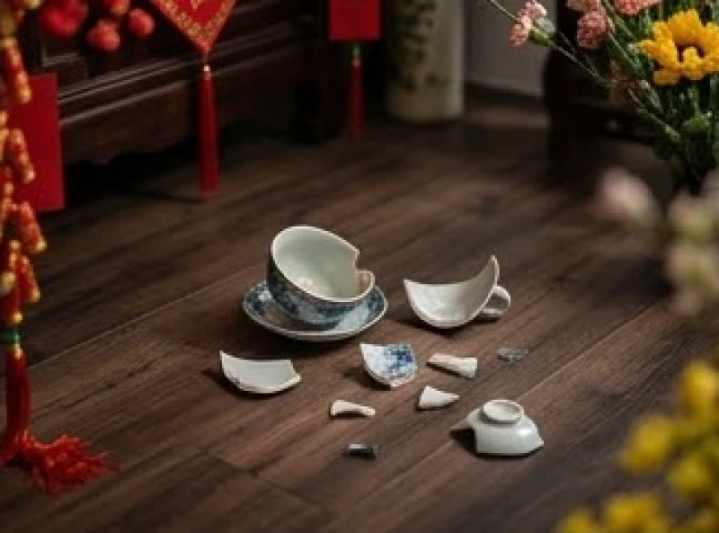 Mảnh vỡ của chiếc ly gốm sứ nằm trên sàn nhà gỗ gây tâm lý hoang mang trong ngày Tết