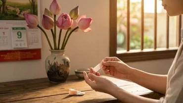 Người phụ nữ băn khoăn chảy máu ngày đầu tháng là điềm gì khi dán băng cá nhân cạnh cuốn lịch mùng 1 âm lịch.