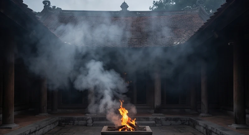 Mơ thấy chùa bị cháy: Điềm báo, con số và nghi thức hóa giải 4 Làn khói mù mịt tỏa ra từ một ngọn lửa nhỏ leo lét ở góc sân chùa phản ánh những mâu thuẫn xã hội đang âm ỉ