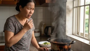 Người phụ nữ lo lắng nhìn chiếc nồi bốc khói đen trong gian bếp, băn khoăn cháy nồi là điềm gì theo phong thủy