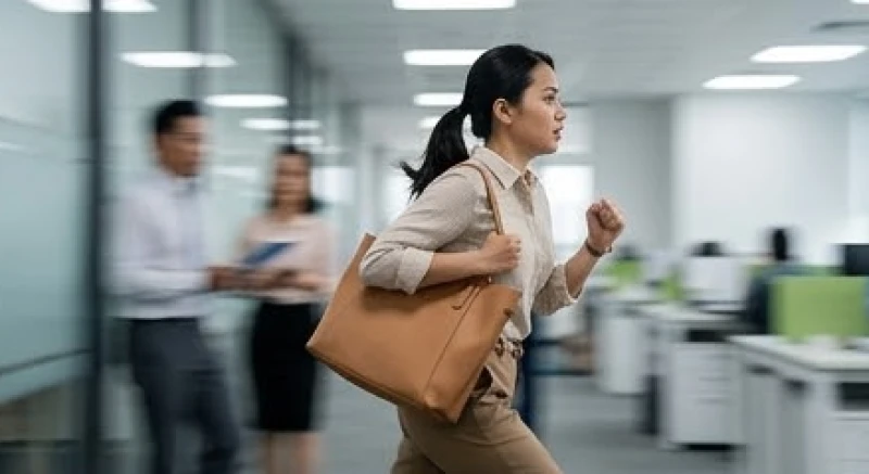 Nữ nhân viên xách túi chạy hối hả dọc hành lang văn phòng trong trạng thái lo âu