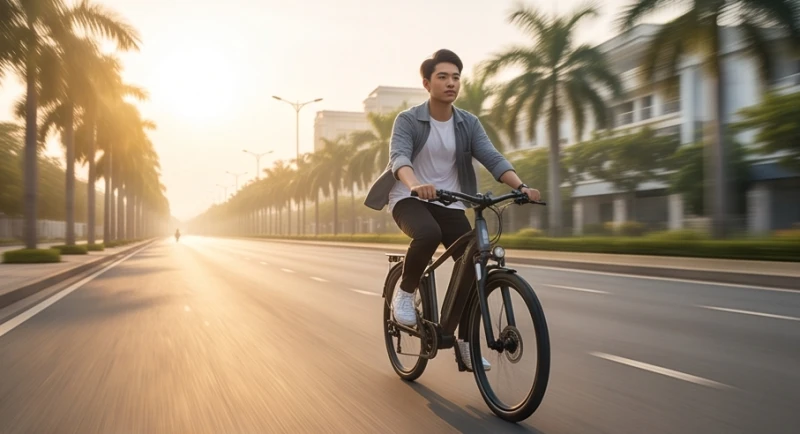 Một người lái xe đạp điện lướt đi nhẹ nhàng trên đường phố thênh thang ngập tràn ánh nắng buổi sớm