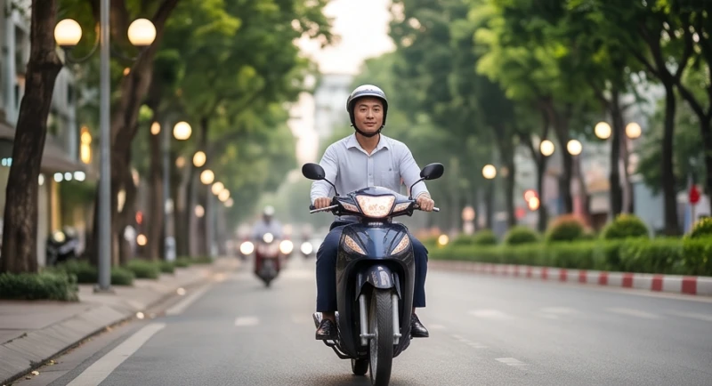 Người đi đường lái xe máy với thái độ điềm tĩnh và an ổn trên con phố đông đúc