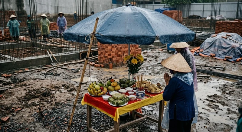 Chiếc ô lớn được che chắn cẩn thận phía trên bàn cúng để bảo vệ hương không bị tắt do mưa