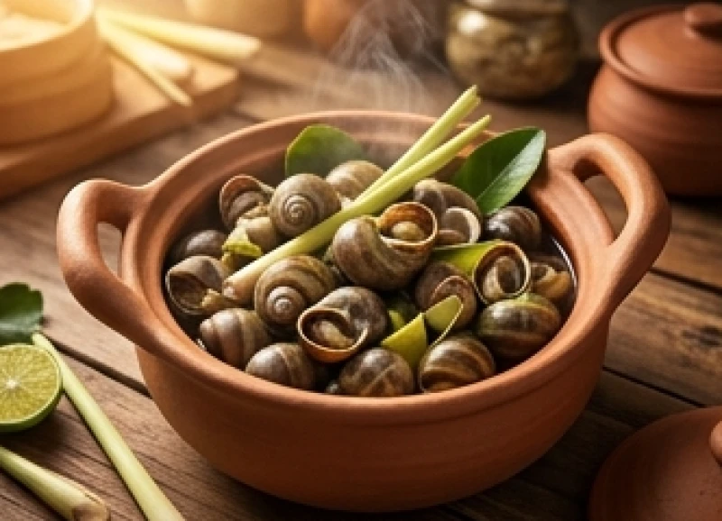 Nồi ốc luộc bốc khói nghi ngút hòa quyện hương sả lá chanh trong không gian bếp ấm cúng