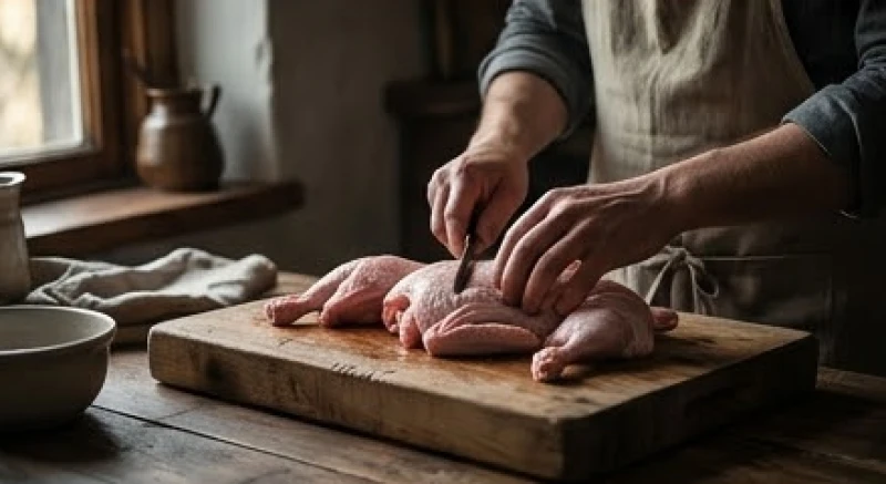 Mơ thấy vịt chết: Giải mã điềm báo bối cảnh và cách hóa giải 4 Đôi bàn tay cẩn thận sơ chế thịt vịt trên thớt gỗ trong không gian bếp mộc mạc, thể hiện sự quyết đoán và chủ động